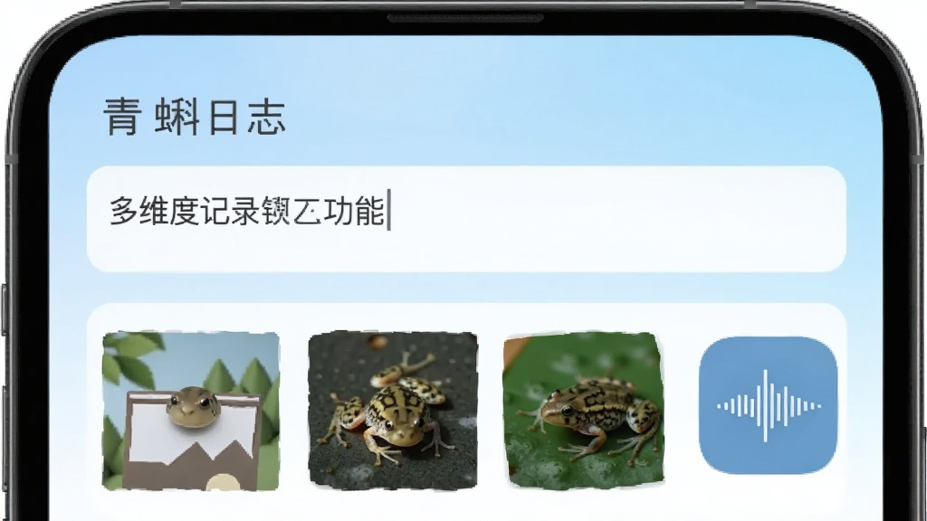 青蝌日志多维度记录功能展示,手机屏幕中显示文字输入框、图片缩略图与语音波形图标并排布局,背景为淡蓝色渐变,风格简洁现代,细节清晰,画质干净,无多余元素