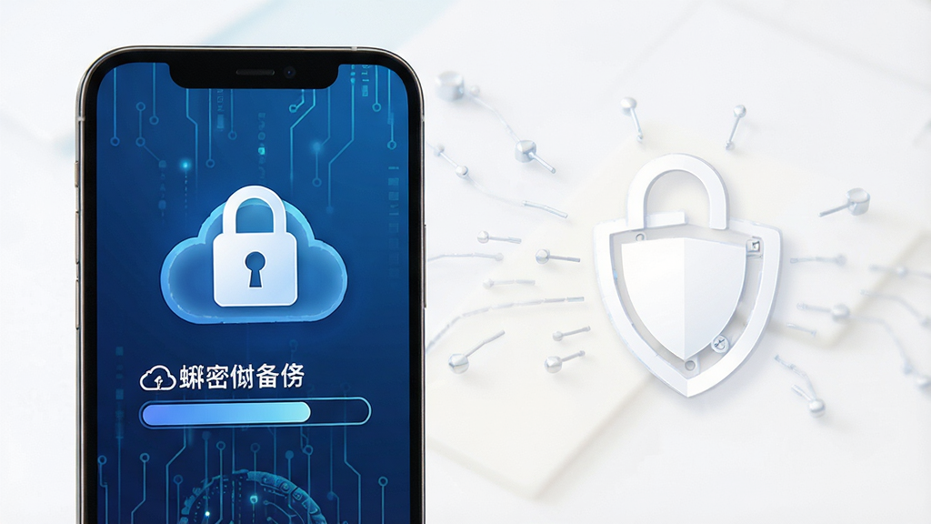 青蝌日志数据加密与备份功能示意图,手机屏幕显示锁形图标与云备份进度条,背景为深蓝色科技感渐变,风格安全可靠,细节清晰,画质干净,无多余元素