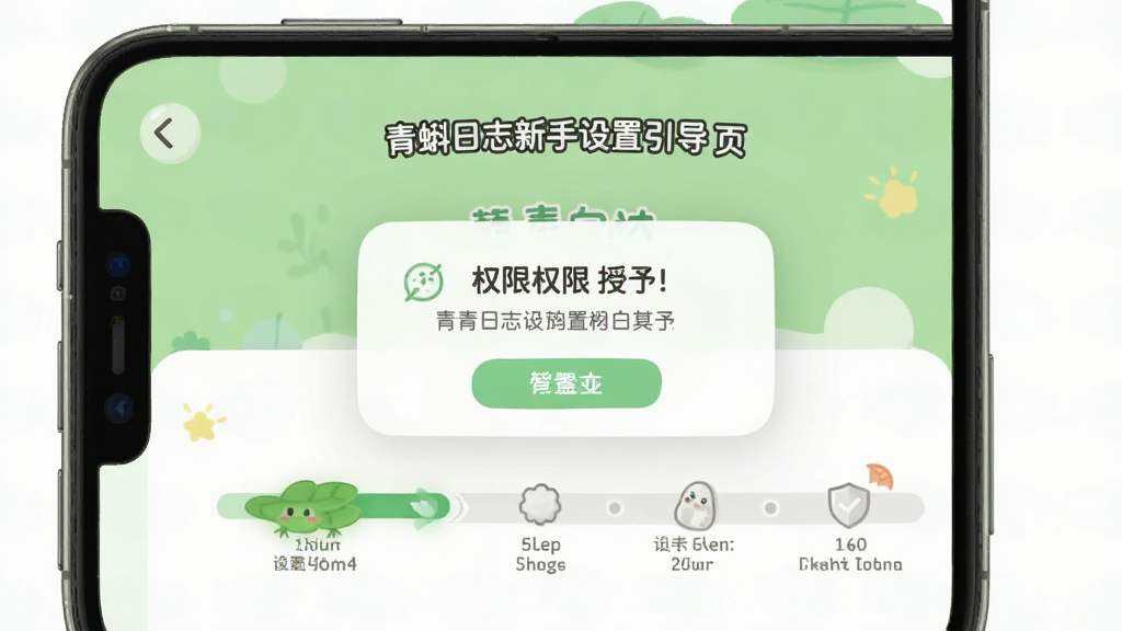 青蝌日志新手设置引导页面,手机屏幕显示权限授予弹窗与设置向导步骤条,背景为浅绿色与白色搭配,风格清新友好,画质清晰,干净,无多余元素