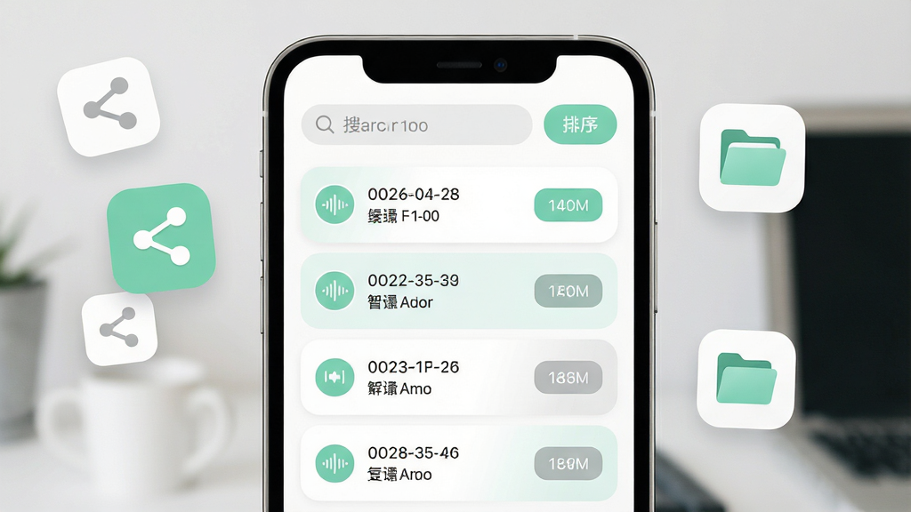 手机屏幕显示专业手机录音机的文件列表界面,每条录音带有日期、时长和标签色块,顶部有搜索框和排序按钮。布局为手机正面展示,周围漂浮着分享图标和文件夹图标。风格为清新浅色风,色调以白色、薄荷绿和浅灰为主,细节上列表条目圆角柔和,图标简约。画质清晰,画面干净,无多余元素。