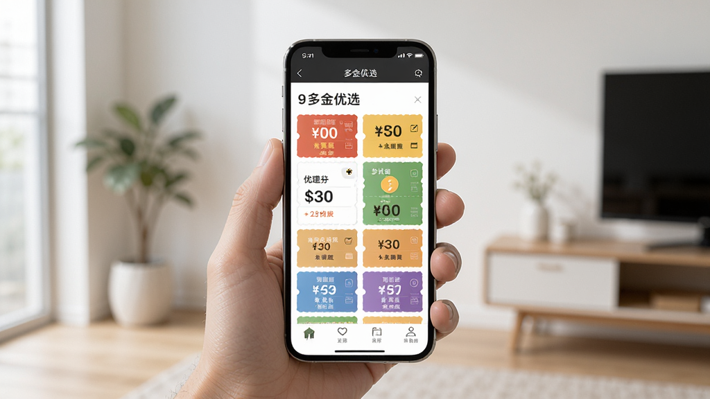 一只手持智能手机,屏幕上显示多金优选应用内的优惠券列表页面,各种面额的优惠券整齐排列,背景是简洁的室内环境,光线柔和。构图以手机屏幕为视觉中心,风格现代简约,细节上优惠券颜色丰富但不过于花哨,画质清晰,干净,无多余元素。
