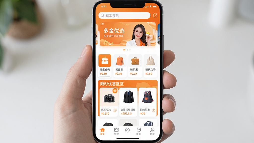 手机屏幕中展示着多金优选应用的主界面,界面顶部有搜索框和轮播横幅,中部是商品分类图标和限时优惠专区,底部导航栏清晰可见。整体布局采用垂直卡片式排列,风格清新明快,主色调为橙色与白色搭配,细节上商品缩略图与价格标签排列整齐,画质清晰,干净,无多余元素。