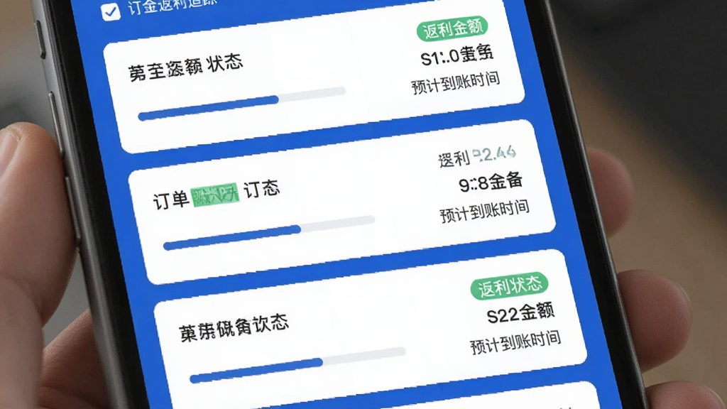 多金优选应用的订单返利追踪界面,屏幕上显示多个订单卡片,每个卡片标注了订单状态、返利金额和预计到账时间。布局为纵向列表,风格简洁商务,主色调为蓝色和白色,细节上进度条和状态标签清晰可见,画质清晰,干净,无多余元素。