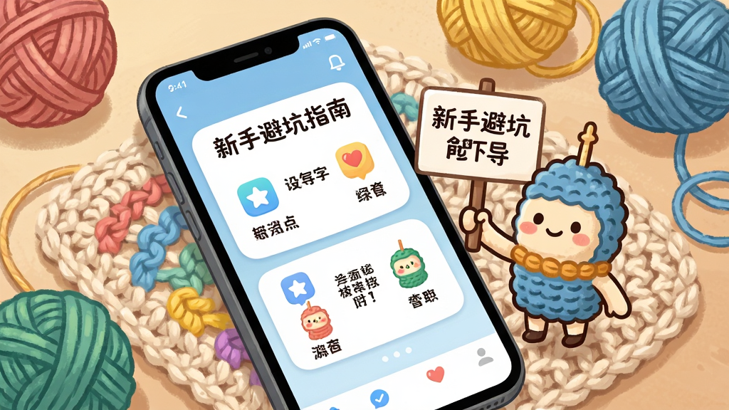 一张展示月芽App新手引导界面的图片,画面主体为手机屏幕,屏幕上显示着“新手避坑指南”的图文提示卡片,旁边有一个卡通钩针小人举着提示牌,手机放在一张铺着毛线编织垫的桌面上,周围有几团彩色毛线球,风格为轻松活泼的插画风,细节包括屏幕上的文字和图标,画质清晰,干净无多余元素