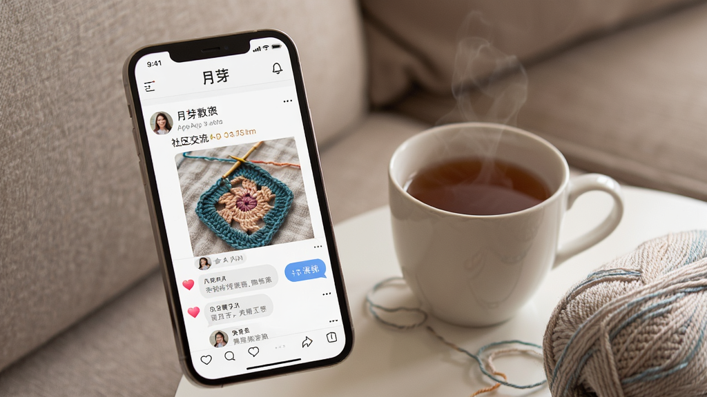 一张展示月芽App社区交流界面的图片,画面主体为手机屏幕,屏幕上显示着用户发布的钩织作品帖子和评论互动区域,有爱心点赞图标和评论气泡,手机旁边放着一杯热茶和一团毛线,背景是舒适的沙发一角,风格为温馨生活化摄影,细节包括屏幕上的文字和图片缩略图,画质清晰,干净无多余元素