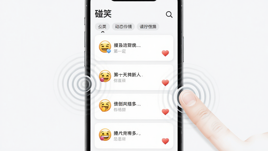һ�š���Ц����̬����㳡�Ľ���ʾ��ͼ�������������ֻ���Ļ�ڳ����ٲ�����Ƭ��ÿ�ſ�Ƭ���б�����źͶ����֣���Ļ��Ե����ָ��������Ĳ��ƶ���������Ϊ�������У����Ϊ���¼�Լ��UI��ƣ�ϸ���б�ǩ�������͵��ް��ģ�����ϸ�壬����ɾ����޶���Ԫ��