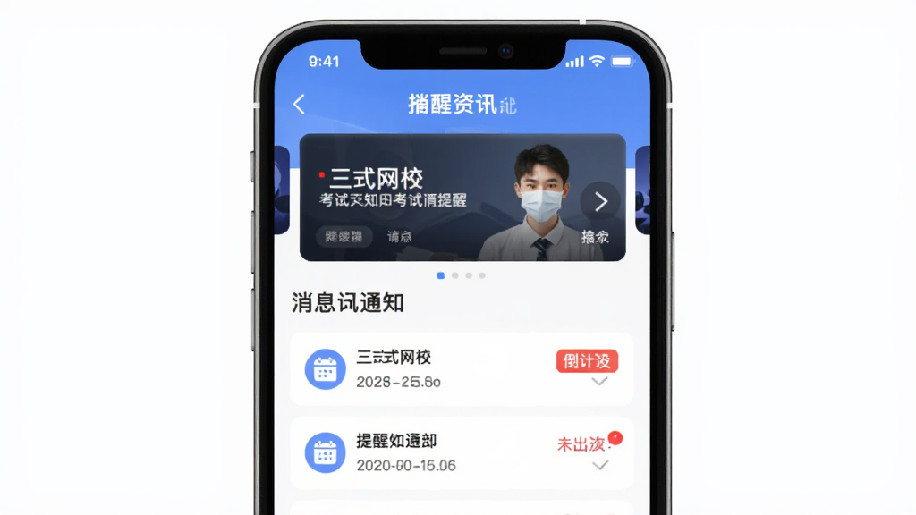 在线教育APP消息通知界面,主体为“三式网校”考试提醒页面,布局上方是资讯轮播图,下方是提醒列表,排版规整,风格为简约商务风,细节包含日历图标、倒计时标签、未读红点,画质清晰,干净,无多余元素