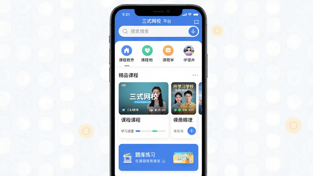 手机屏幕中显示在线教育学习平台界面,主体为“三式网校”应用首页,布局上方是搜索框与课程分类图标,中部是精品课程推荐卡片,底部是题库练习入口,排版整齐清晰,风格为现代扁平化设计,细节包含课程封面图、学习进度条、按钮图标,画质高清,干净,无多余元素