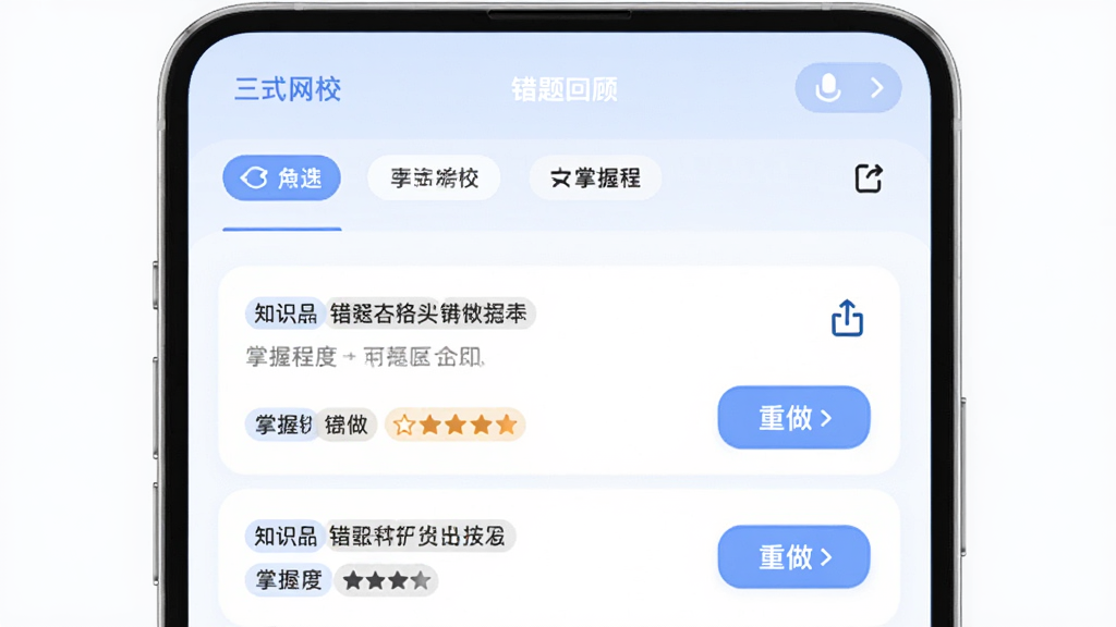 在线学习APP错题本功能界面,主体为“三式网校”错题回顾页面,布局上方是筛选标签,中部是错题列表与重做按钮,排版清晰有序,风格为柔和圆角设计,细节包含知识点标签、掌握程度星级、导出图标,画质高清,干净,无多余元素