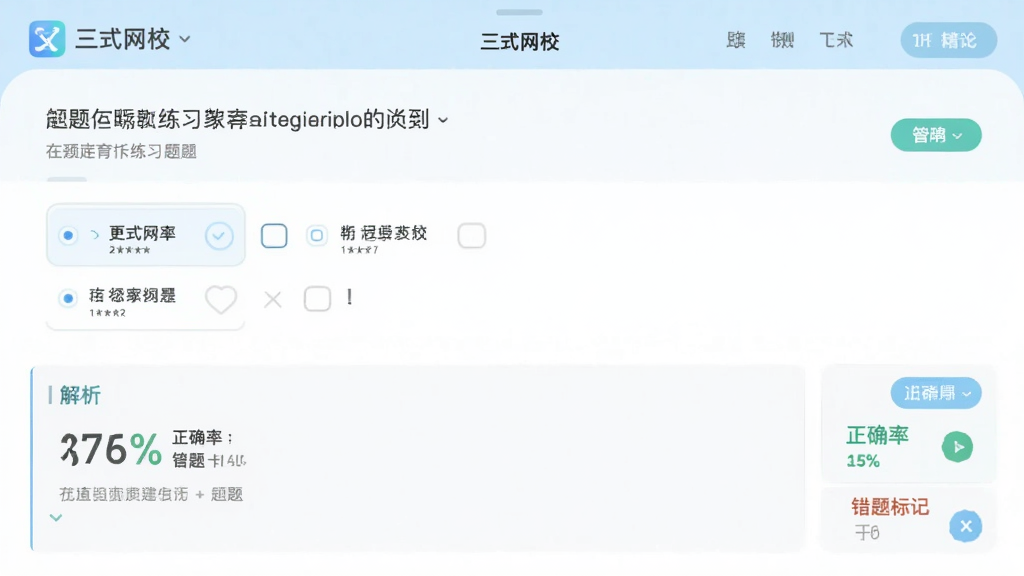 在线教育APP题库练习界面,主体为“三式网校”做题页面,布局上方显示题目与选项,下方是解析区域,排版简洁明了,风格为清新浅色系,细节包含答题卡、正确率百分比、错题标记,画质清晰,干净,无多余元素