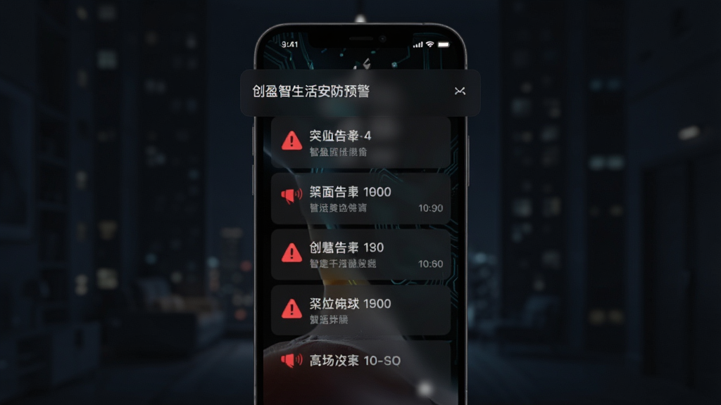 创盈智慧生活安防预警通知界面,主体为手机锁屏通知展示,屏幕中显示多条设备告警信息,布局采用纵向列表结构,风格为暗色系科技风,细节包含红色警示图标与时间戳,画质高清,干净,无多余元素