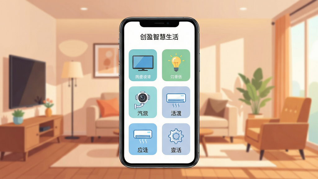创盈智慧生活应用主界面全景展示,画面中央是一部智能手机,屏幕内呈现智能家居设备控制面板,包含电视、灯光、摄像头、空调等设备图标整齐排列,背景为温馨的现代客厅环境,布局采用中心对称构图,风格为扁平化科技插画风,细节包含柔和的光影过渡与清晰的图标线条,画质高清,干净,无多余元素