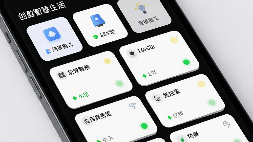 创盈智慧生活全屋设备管理界面,主体为手机屏幕特写,屏幕中展示多个智能设备卡片以网格状排列,每个卡片带有设备名称与状态指示灯,布局采用上下分区结构,上方为场景模式快捷入口,下方为设备列表,风格为现代简约UI设计风,细节包含细腻的阴影与圆角处理,画质高清,干净,无多余元素