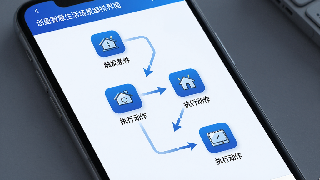 创盈智慧生活场景编排界面,画面展示手机屏幕中场景编辑流程图,包含触发条件图标与执行动作图标通过连线连接,布局为纵向流程图结构,风格为科技蓝调扁平插画风,细节包含清晰的节点标注与箭头指向,画质高清,干净,无多余元素
