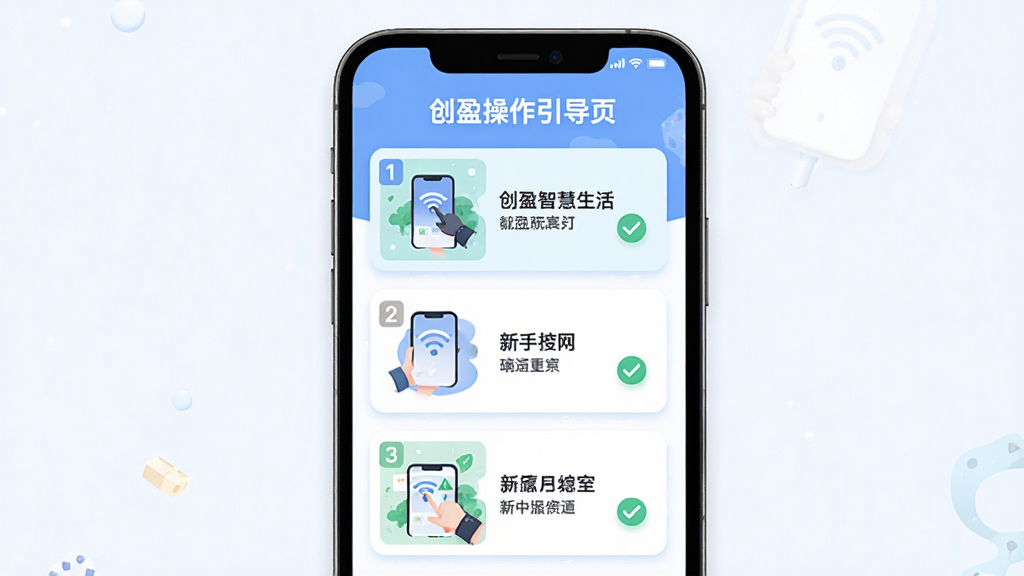 创盈智慧生活新手操作引导页面,画面展示手机屏幕中分步骤操作指引,包含配网步骤图示与文字说明,布局为纵向分步卡片结构,风格为清新扁平插画风,细节包含步骤编号与勾选标记,画质高清,干净,无多余元素