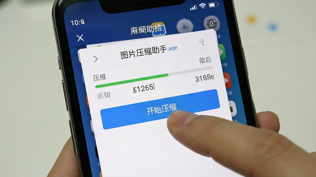 一张展示手机屏幕录制截图的图片,画面中用户正在操作“图片压缩助手”应用,手指点击“开始压缩”按钮,界面上有进度条和压缩前后大小对比数字,背景为手机桌面,风格为真实截图风格,细节包括状态栏和导航栏,画质清晰,干净,无多余元素