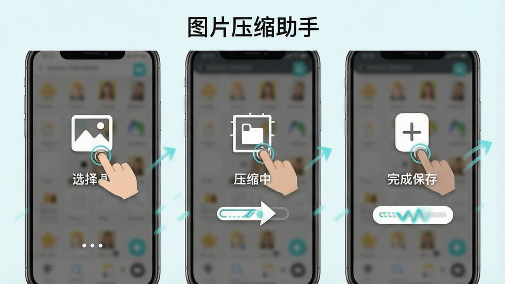 一张展示手机应用操作流程的图片,界面分为三步:选择图片、压缩中、完成保存,每一步都有对应的图标和简短文字说明,上方有“图片压缩助手”标题,风格为清新浅色,细节包括手指点击图标和进度动画,画质清晰,干净,无多余元素