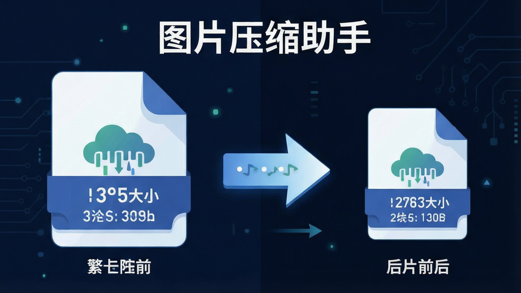 一张展示图片压缩前后对比的示意图,左侧为压缩前的大文件图标,右侧为压缩后的小文件图标,中间有箭头连接,上方有“图片压缩助手”文字,布局为左右对称,风格为科技感扁平插画,细节包括文件大小数字对比,画质清晰,干净,无多余元素