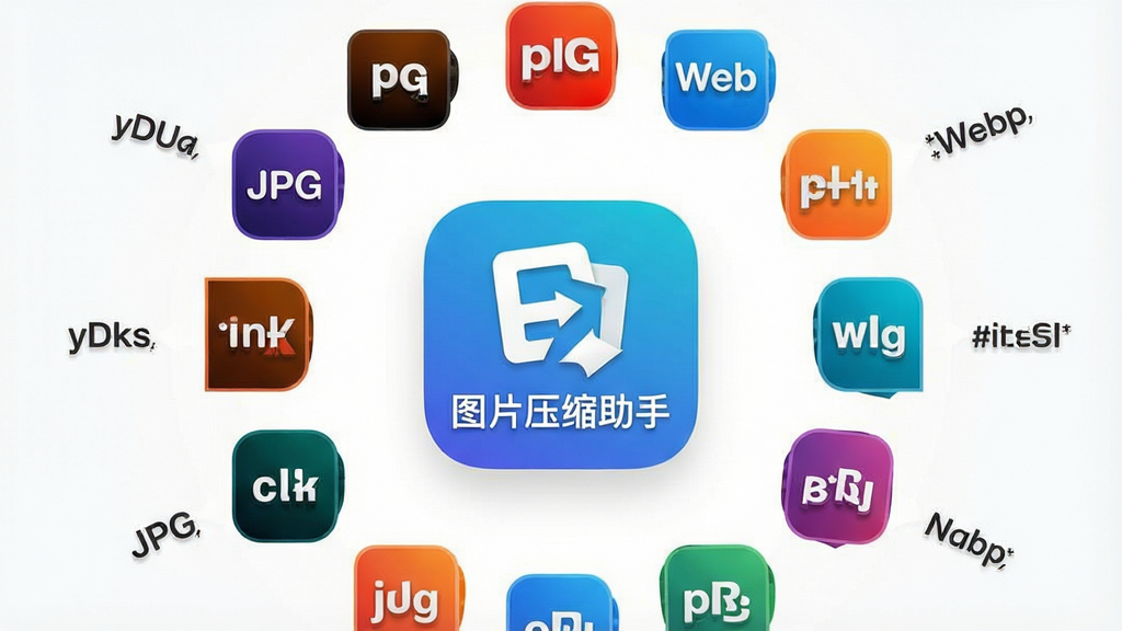 一张展示多种图片格式图标环绕的图片,中心为“图片压缩助手”应用图标,周围有JPG、PNG、WebP等格式标签,布局为圆形放射状,风格为现代简约,细节包括格式字母和彩色图标,画质清晰,干净,无多余元素