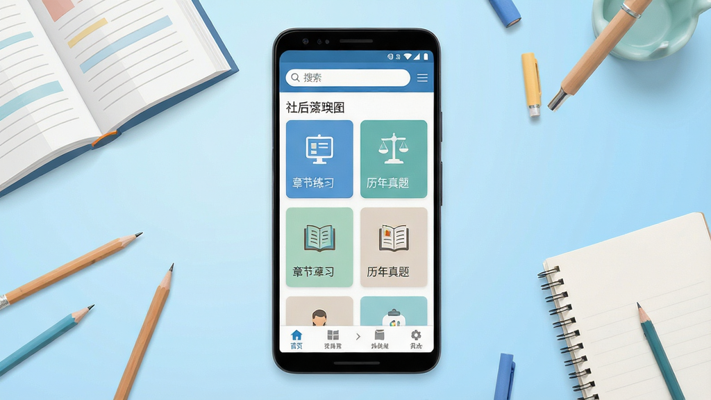 一幅展示社会工作者软件主界面的手机应用截图场景,画面中央是一部竖屏安卓手机,手机屏幕内展示社会工作者APP的题库练习首页,页面顶部有搜索栏,中间是章节练习和历年真题的卡片入口,底部是导航栏,手机周围散布着书本、铅笔、笔记本等学习元素,背景为浅蓝色渐变,整体风格清新简约,扁平化设计,画面干净整洁,无多余元素,高清画质,适合应用商店展示