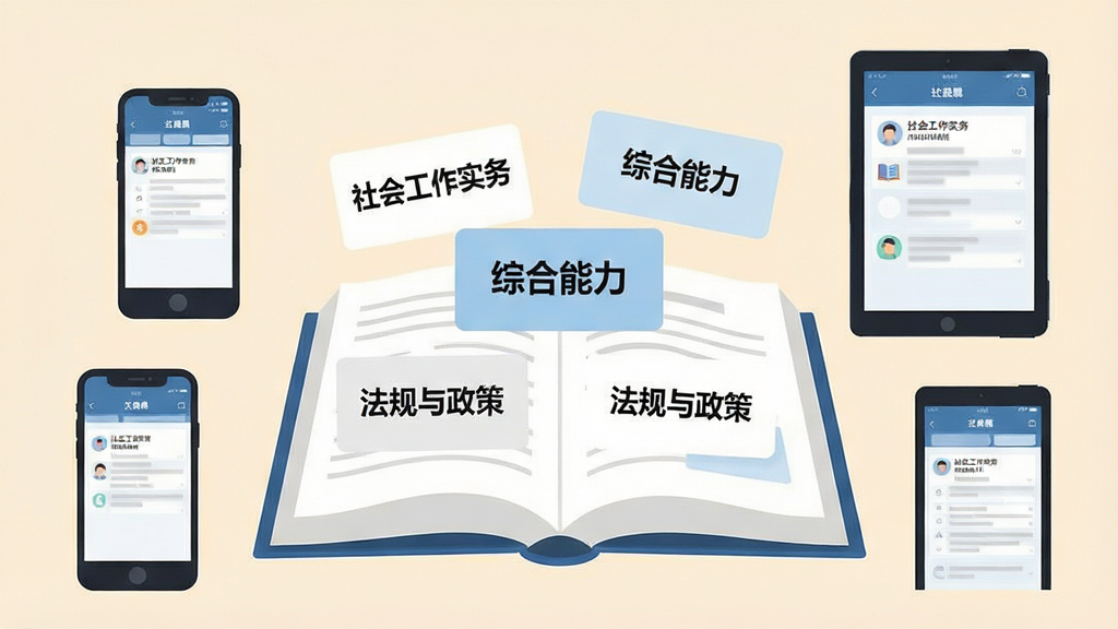 一张以社会工作者题库为背景的扁平化插画,画面中央是一本打开的书,书页上漂浮着各种考试题目卡片,卡片上写着“社会工作实务”“综合能力”“法规与政策”等字样,书本周围环绕着手机、平板等设备屏幕,屏幕上也显示着题目界面,背景为柔和的米白色,风格简洁明快,细节清晰,画质高清,画面干净无杂乱元素