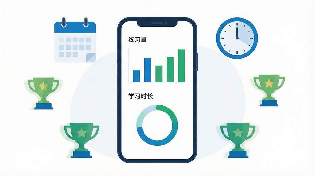 一张以社会工作者学习数据统计为主题的信息图风格插画,画面中央是一块手机屏幕,屏幕上显示着柱状图和环形进度条,标注着“练习量”“正确率”“学习时长”等数据,屏幕周围环绕着日历、时钟、奖杯等图标,背景为白色,风格简洁现代,色彩以蓝色和绿色为主,画质高清,布局清晰,无多余元素