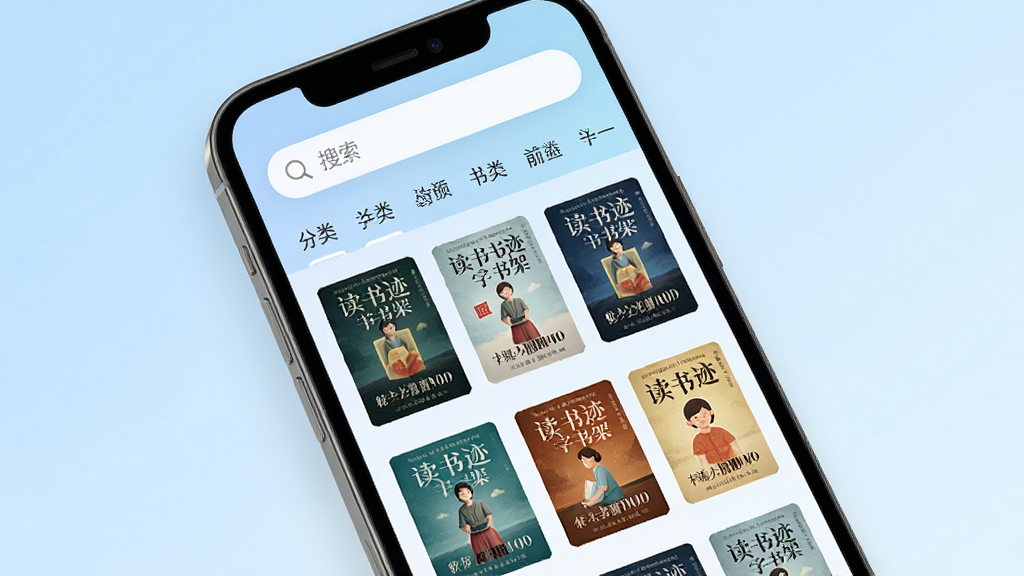 读书迹数字书架功能界面,手机屏幕显示多本图书封面网格排列,顶部有搜索框和分类标签,背景为淡蓝色渐变,风格简约清爽,细节清晰,画质干净,无多余元素