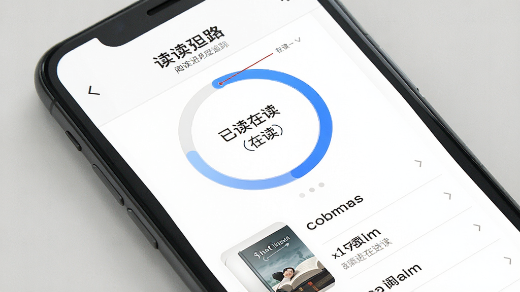 读书迹阅读进度追踪页面,手机屏幕显示环形进度条和书籍列表,标注已读、在读状态,背景为纯白,风格极简,细节清晰,画质干净,无多余元素