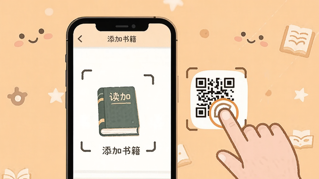 读书迹新手操作示意图,手机屏幕显示添加书籍和扫码界面,旁边有手指点击图标,背景为浅橙色,风格友好,细节清晰,画质干净,无多余元素