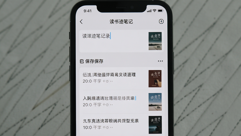 读书迹笔记记录界面,手机屏幕显示文本输入框和已保存的笔记列表,旁边有书籍封面小图,背景为浅灰色,风格素雅,细节清晰,画质干净,无多余元素
