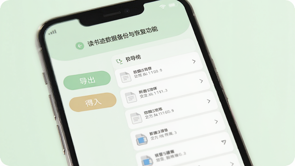 读书迹数据备份与恢复功能界面,手机屏幕显示导出和导入按钮,以及文件列表,背景为淡绿色,风格柔和,细节清晰,画质干净,无多余元素