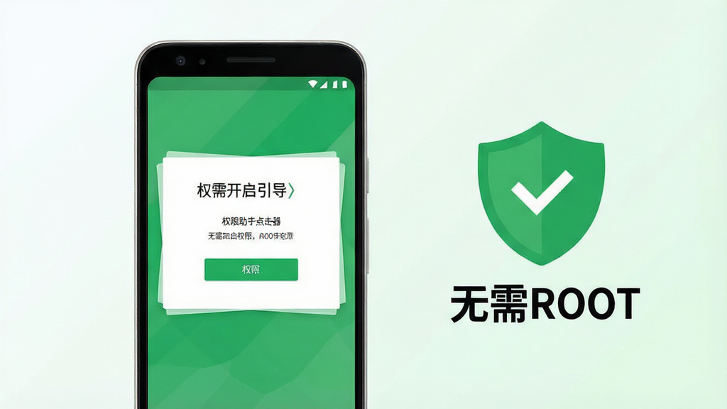 一张展示游戏助手点击器无需ROOT权限特点的示意图,画面中一部安卓手机屏幕显示权限开启引导页面,旁边有一个绿色的盾牌图标和“无需ROOT”文字标识;背景为浅色渐变;布局为居中构图,简洁明了;风格为清新扁平风,配色以白绿为主,细节干净,画质清晰,无多余元素