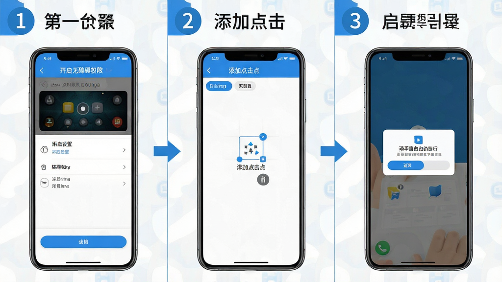 一张展示游戏助手点击器新手设置引导的流程图,画面分为三个步骤,第一步是手机设置中开启无障碍权限的界面,第二步是软件内添加点击点的操作界面,第三步是悬浮窗启动运行的界面;布局为横向三栏排列,每栏上方有数字序号;风格为简洁教程风,配色以蓝白为主,细节清晰,画质干净,无多余元素