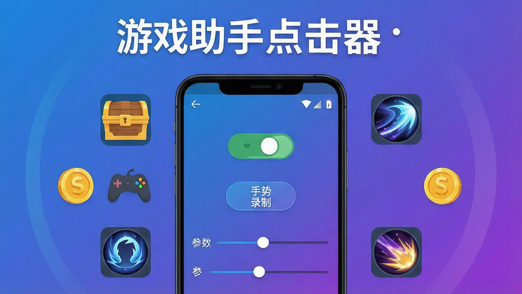 一张展示游戏助手点击器软件核心全貌的宣传图,画面中央是安卓手机屏幕,屏幕上显示游戏助手点击器的主操作界面,界面中有连点开关、手势录制按钮和参数调节滑块;手机周围环绕着手游场景的小图标,如宝箱、金币、技能按钮;整体布局为居中构图,上方留白放置软件名称文字;风格为科技感扁平插画,配色以蓝紫渐变为主,细节干净利落,画质清晰,无多余元素