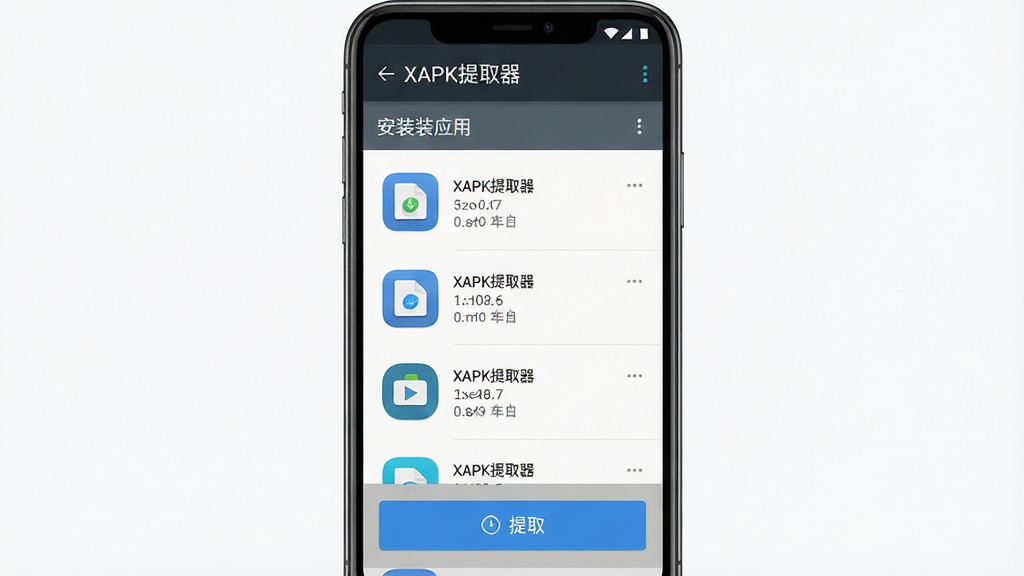 一张展示XAPK提取器软件界面的预览图,主体为手机屏幕中显示的应用主界面,布局为顶部标题栏写XAPK提取器,中部为已安装应用列表,底部有提取按钮,排版清晰整齐,风格为现代简约科技风,细节包括应用图标和文件大小信息,画质高清,干净,无多余元素