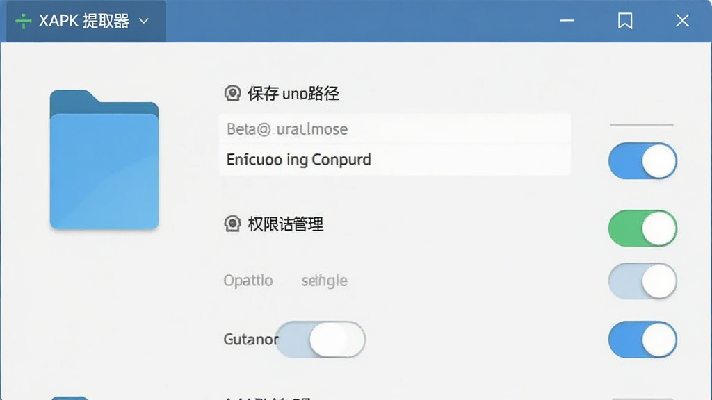 XAPK提取器的设置页面展示保存路径和权限管理选项,画面中有文件夹图标和开关按钮,风格为简洁实用风,画质清晰,干净,无多余元素
