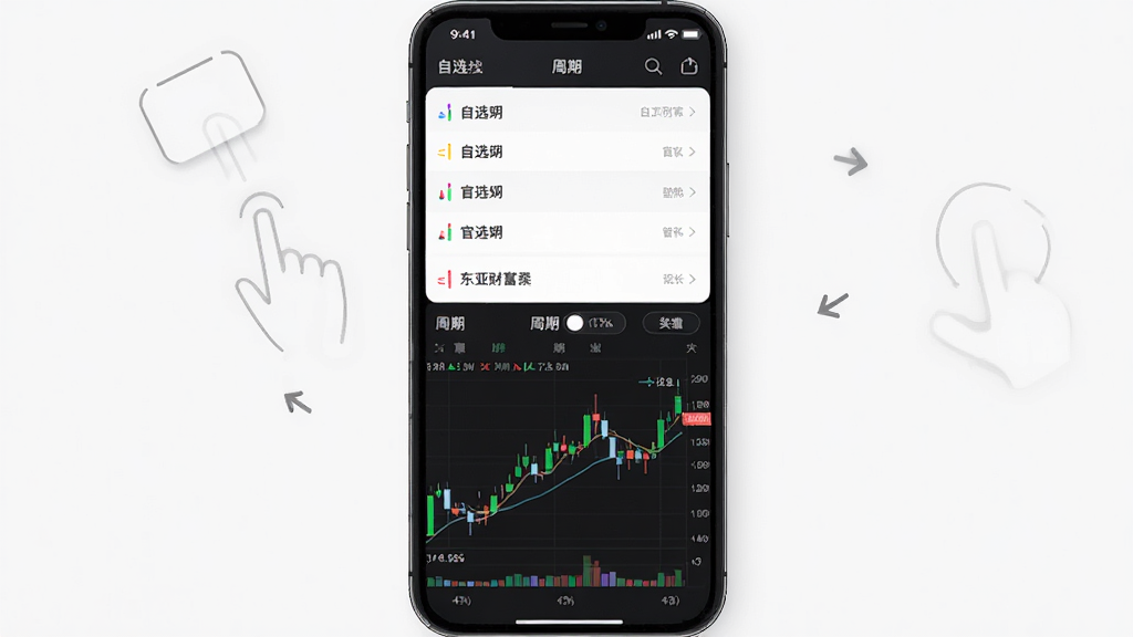 东亚财富移动端操作界面示意图,主体为手机屏幕展示自选列表与K线图切换,布局为上半部分列表、下半部分图表,排版清晰,风格为现代金融工具风,细节包括手势滑动箭头、周期切换按钮、深色模式界面,画质高清,干净,无多余元素