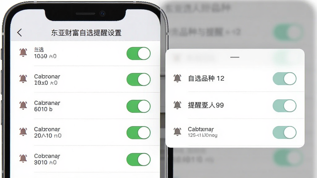 东亚财富自选提醒设置界面图,主体为手机屏幕中显示自选品种与提醒开关,布局为列表加弹窗,排版规整,风格为轻量工具风,细节包括铃铛图标、开关按钮、浅灰分隔线,画质高清,干净,无多余元素