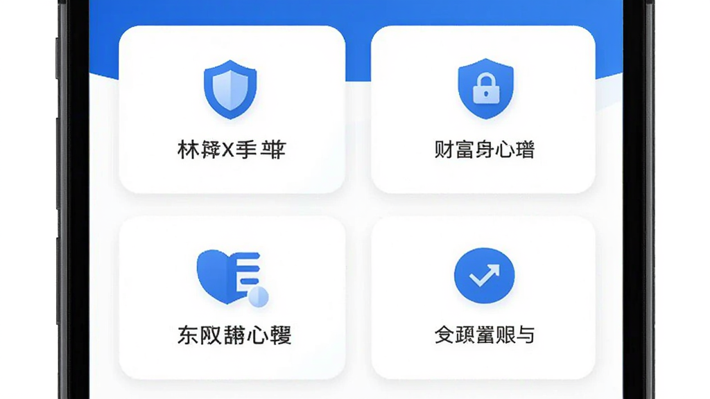 东亚财富账户安全中心界面图,主体为手机屏幕显示安全设置选项,布局为图标加文字说明的卡片式排列,排版简洁,风格为安全可信的商务风,细节包括盾牌图标、蓝色主色调、白色卡片,画质高清,干净,无多余元素