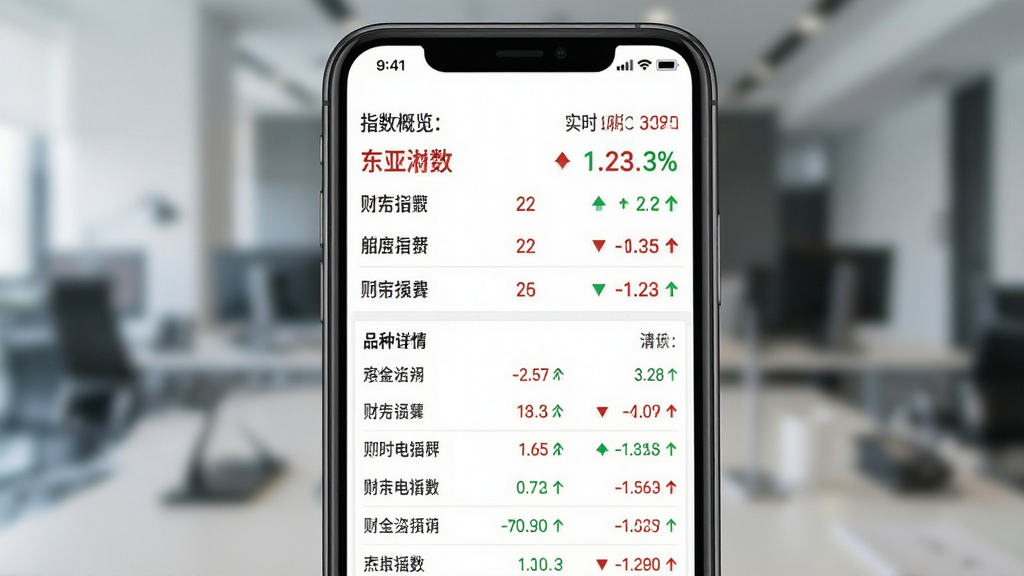 东亚财富软件实时行情功能展示图,主体为手机屏幕中显示多个期货品种的涨跌列表,布局为上下结构,上方为指数概览、下方为品种详情,排版整齐,风格为清爽商务,细节包括红绿数字、小箭头图标、白色背景,画质高清,干净,无多余元素