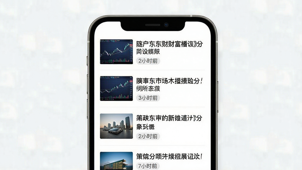 东亚财富资讯页面示意图,主体为手机屏幕显示财经新闻列表,布局为标题加时间戳的纵向排列,排版清晰,风格为简约新闻阅读风,细节包括缩略图、分类标签、浅色背景,画质高清,干净,无多余元素