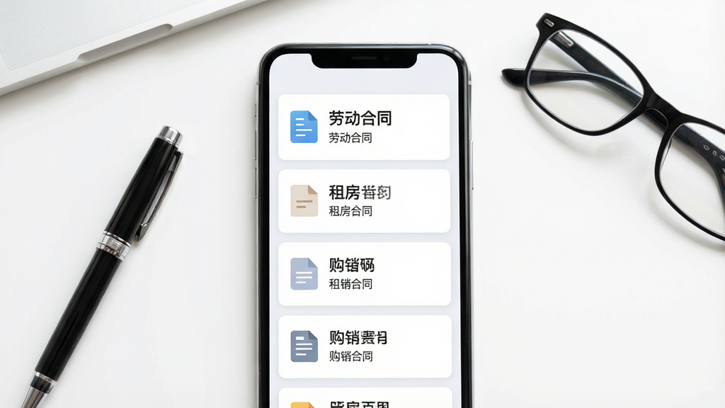 一张展示手机屏幕内显示多种合同文档列表的界面图,画面中央是手机正视图,屏幕内清晰排列着劳动合同、租房合同、购销合同等文件卡片,每张卡片带有小图标和简短文字说明,背景为干净的白色办公桌面,桌面上放着一支笔和一副眼镜,整体排版简洁有序,风格为现代扁平化UI设计,细节上屏幕边缘有轻微反光,画质高清,画面干净,无多余元素