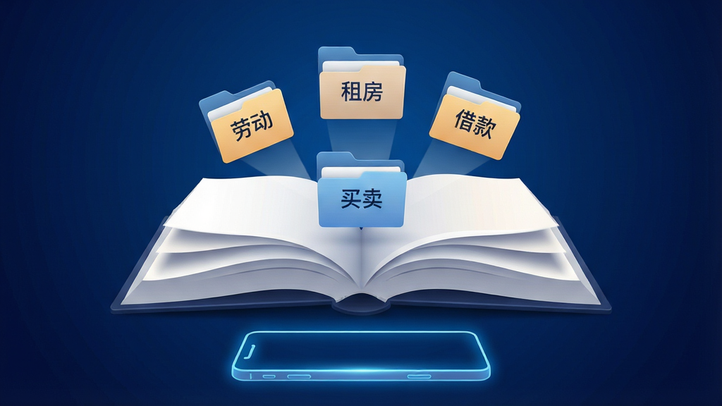 一张以合同模板软件名称为核心的创意海报图,画面主体是一本打开的法律文书书籍,书页中飞出多个带有文字标签的文件夹图标,分别标注着劳动、租房、买卖、借款等字样,背景为深蓝色渐变,书籍下方有发光的手机轮廓,整体风格为商务科技感,排版居中对称,细节上书页边缘有柔和阴影,画质高清,画面干净,无多余元素