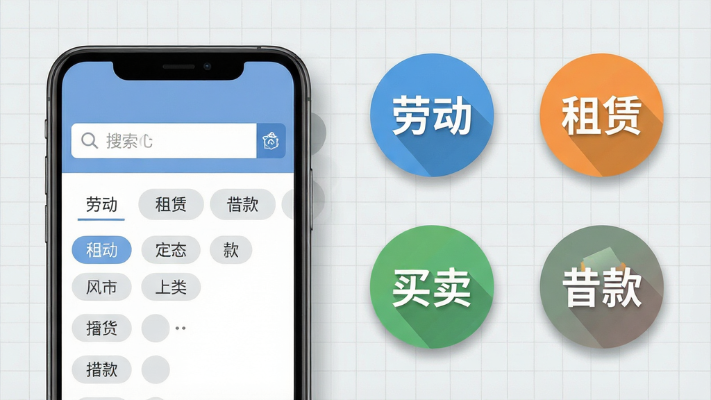 一张展示合同模板软件搜索与分类界面的示意图,画面左侧为手机屏幕特写,屏幕内显示搜索框和分类标签,右侧为放大的分类图标群,包含劳动、租赁、买卖、借款等圆形图标,背景为浅灰色网格纹理,风格为清新扁平化设计,排版左右分布,细节上图标带有轻微投影,画质高清,画面干净,无多余元素