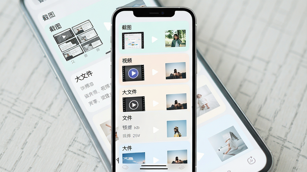 手机界面展示智能分类相册列表,主体是多个分类卡片,布局为纵向排列,排版清晰,风格为清新浅色,细节包括“截图”“视频”“大文件”等标签和缩略图,画质高清,干净,无多余元素