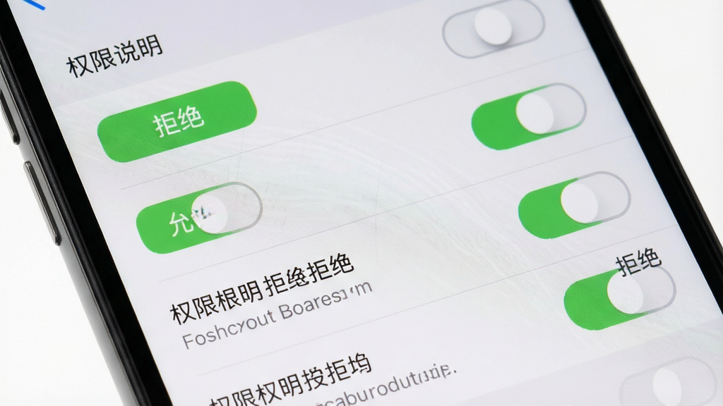 手机屏幕展示权限设置界面,主体是权限开关列表,布局为纵向排列,排版清晰,风格为浅灰质感,细节包括“允许”“拒绝”按钮和权限说明文字,画质高清,干净,无多余元素