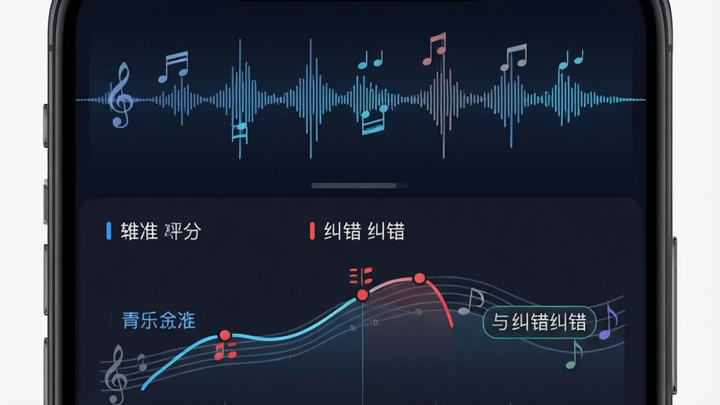 一张展示“青乐伴”智能陪练功能的界面截图,主体为手机屏幕特写,布局上半部分显示音符波形图,下半部分显示评分与纠错标注,排版上下结构,风格科技感与音乐感结合,细节上体现音准曲线与红色错误标记,画质清晰,干净,无多余元素