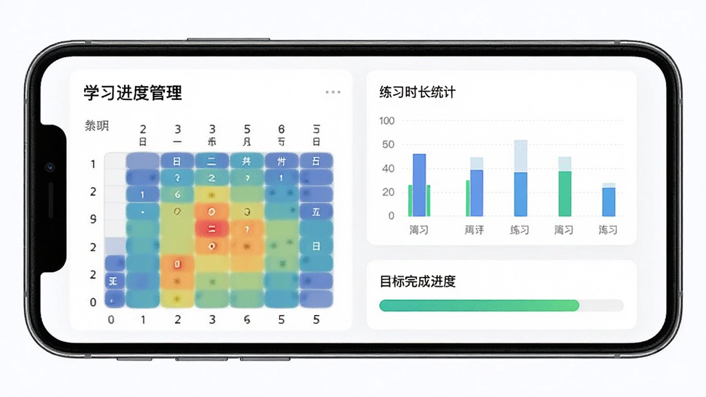 一张展示“青乐伴”学习进度管理页面的手机界面图,主体为手机屏幕,布局包含日历热力图、练习时长统计图表和目标完成进度条,排版规整,风格简约商务,细节上体现数据可视化元素,画质高清,干净,无多余元素