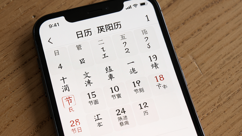 一张展示极简日历农历阳历双显示的图片,主体是手机日历界面,每个日期下方标注农历小字和节气名称,布局整齐,风格传统与现代结合,细节上突出农历文字和节日标注,画质清晰干净,无多余元素