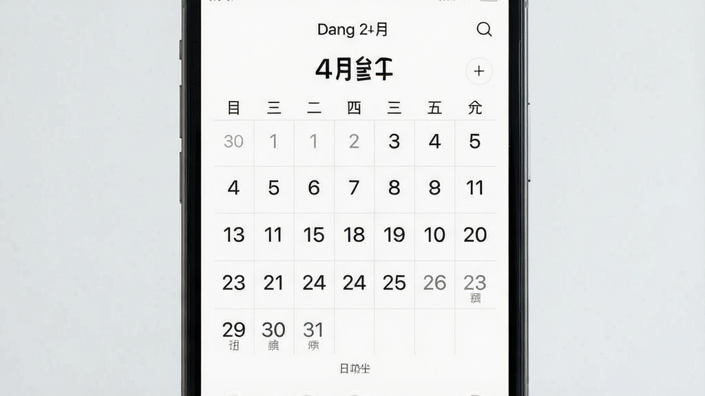 一张手机屏幕正面展示极简日历APP主界面的图片,画面中央是干净的白色日历网格,顶部显示年月,日期数字清晰,下方有农历小字标注,整体布局居中对称,风格简约清新,细节上突出大字体日期和清爽留白,画质高清干净,无多余元素